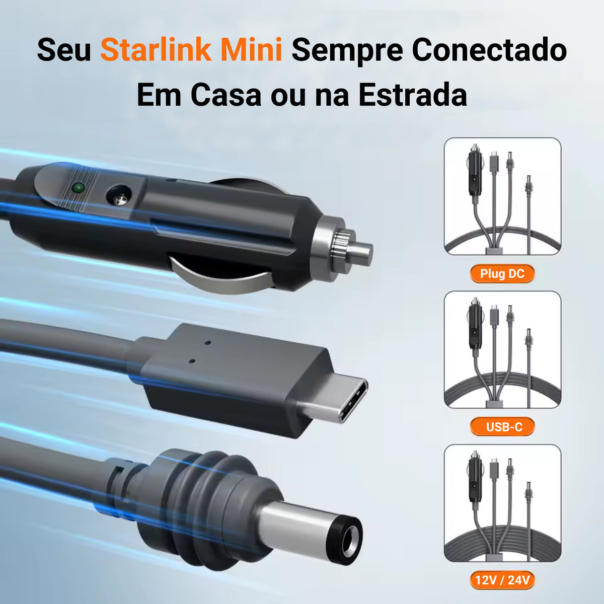 Cabo 3 Em 1 Starlink Mini Usb-c Plug Dc E Isqueiro 12v 24v